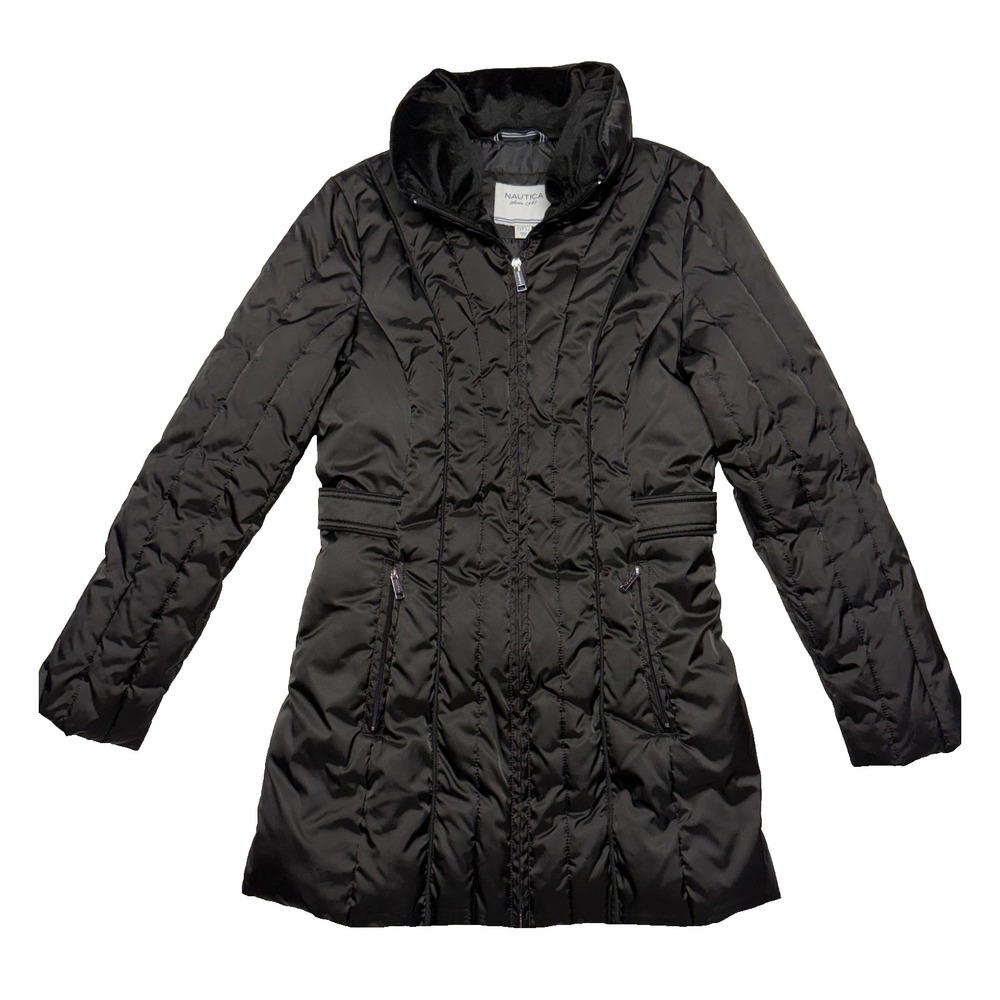 Nautica Women's Small Puffer Jacket Black Mid Length Quilted Cozy Designer